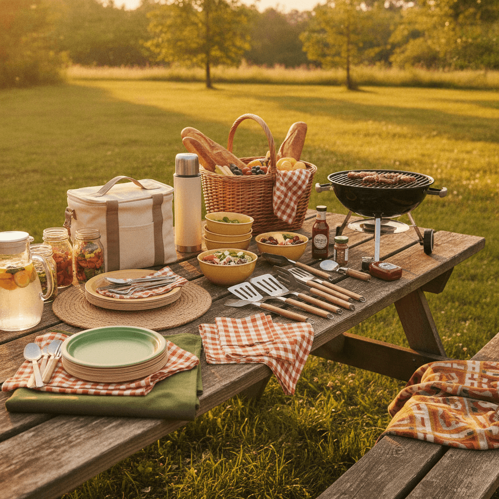 Neatly organized picnic and grill accessories on a wooden table