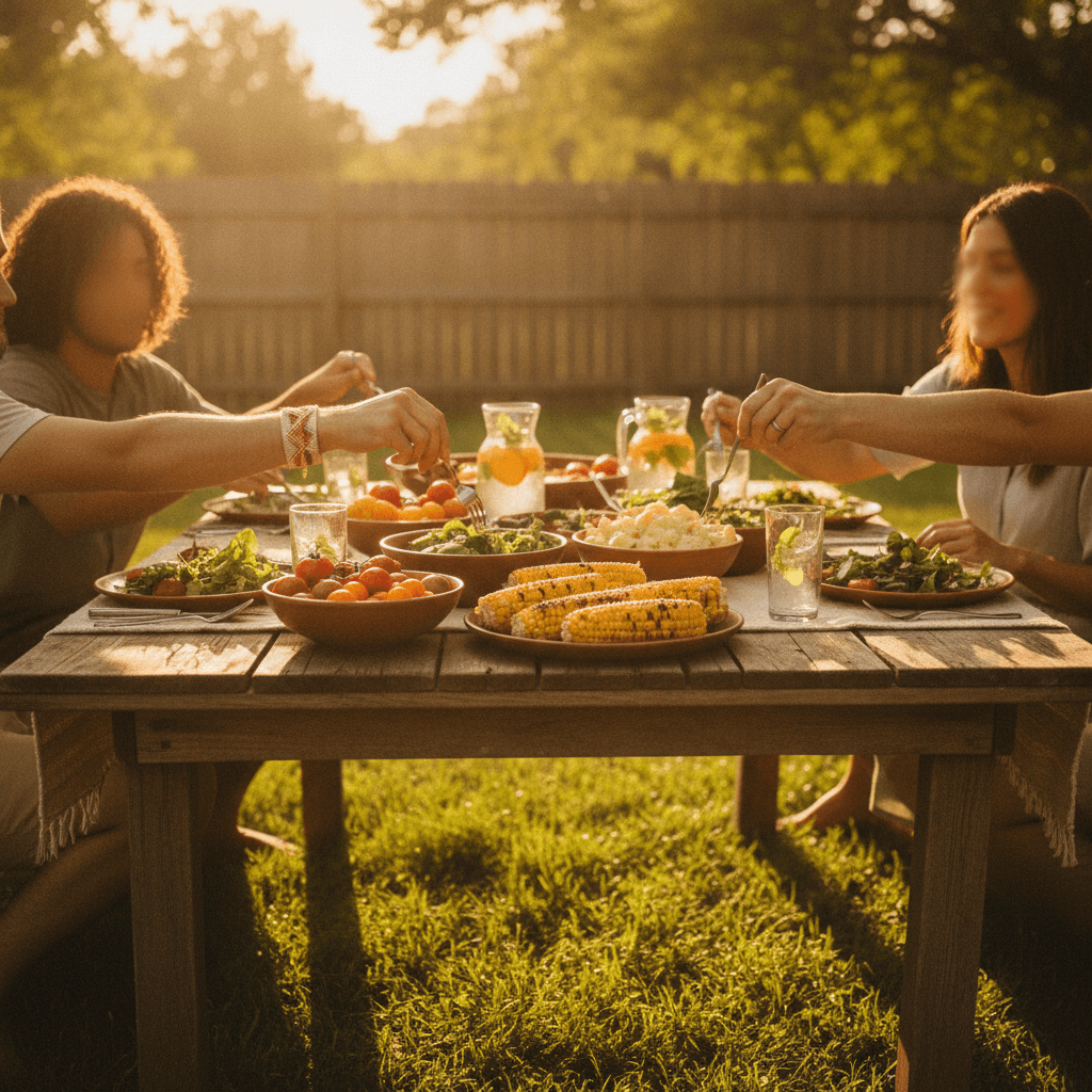 Friends gathered around a backyard table sharing a summer meal